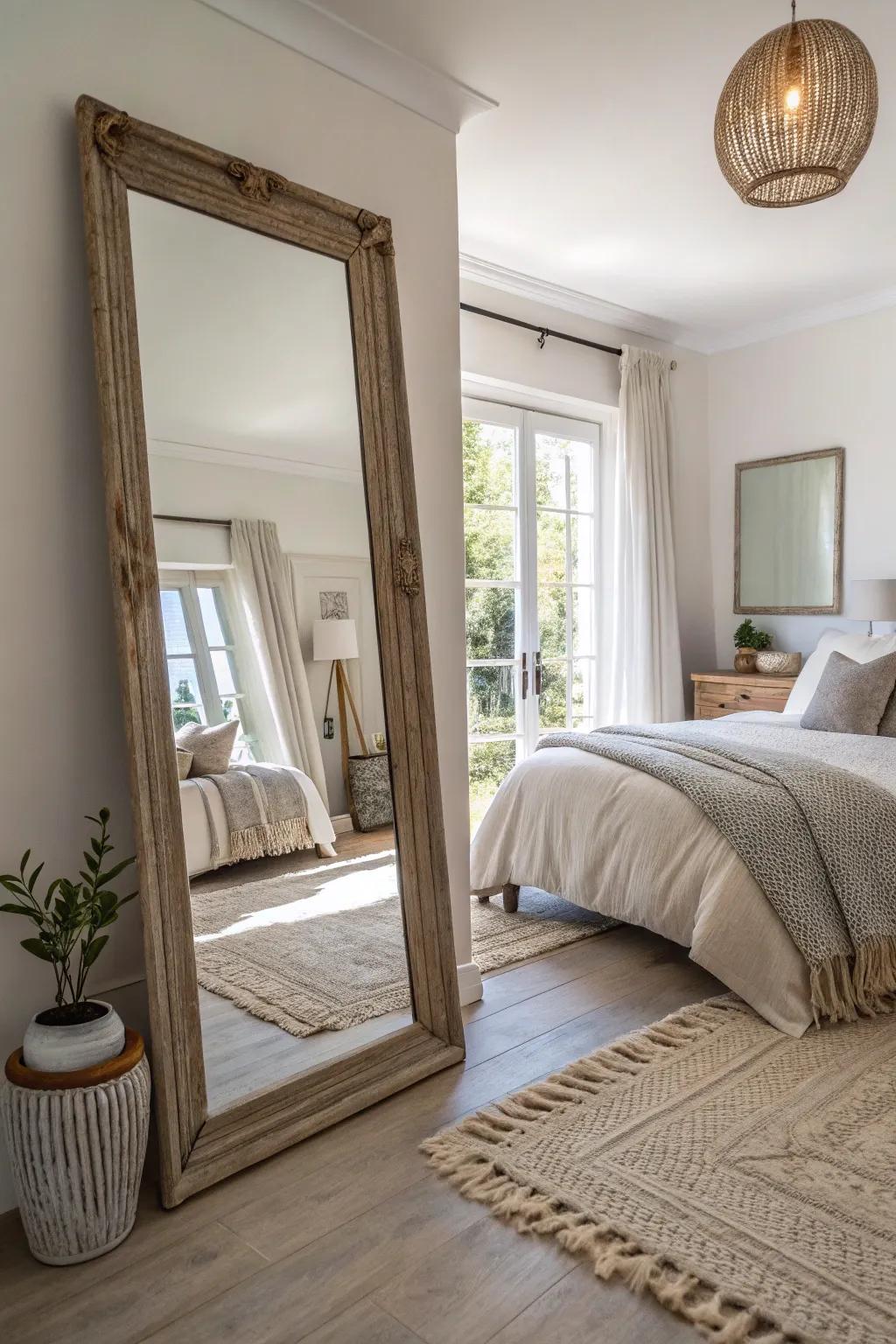Purposeful reflector placement amplifies light and space in the bedroom.