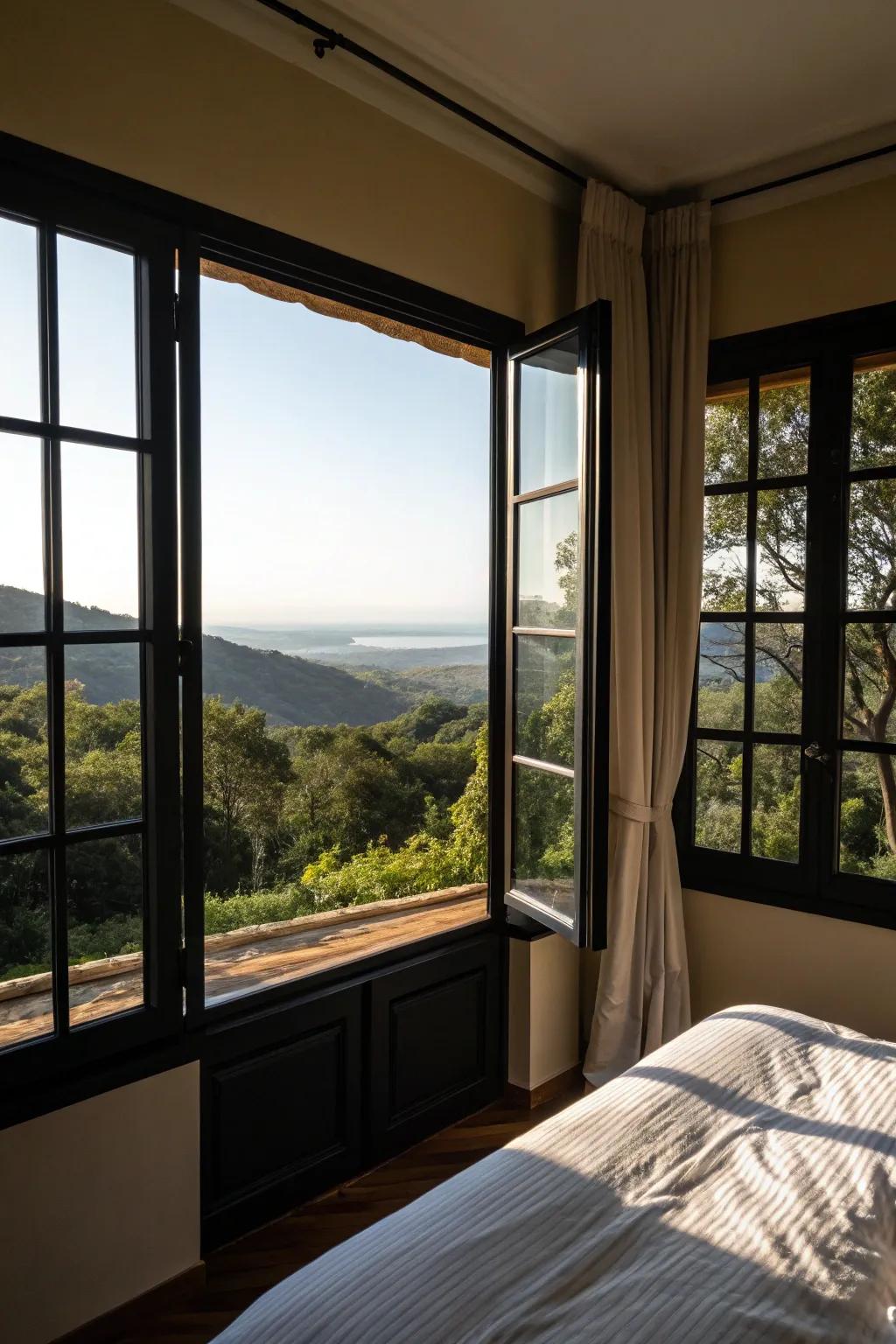 Black window borders add boldness and contemporary flair.