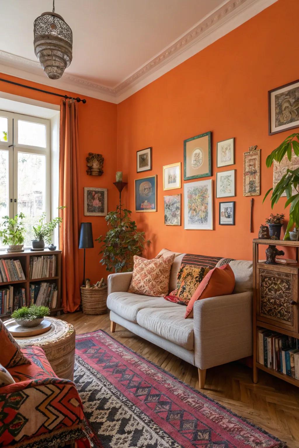 Mandarin walls infuse the room with vibrant energy.