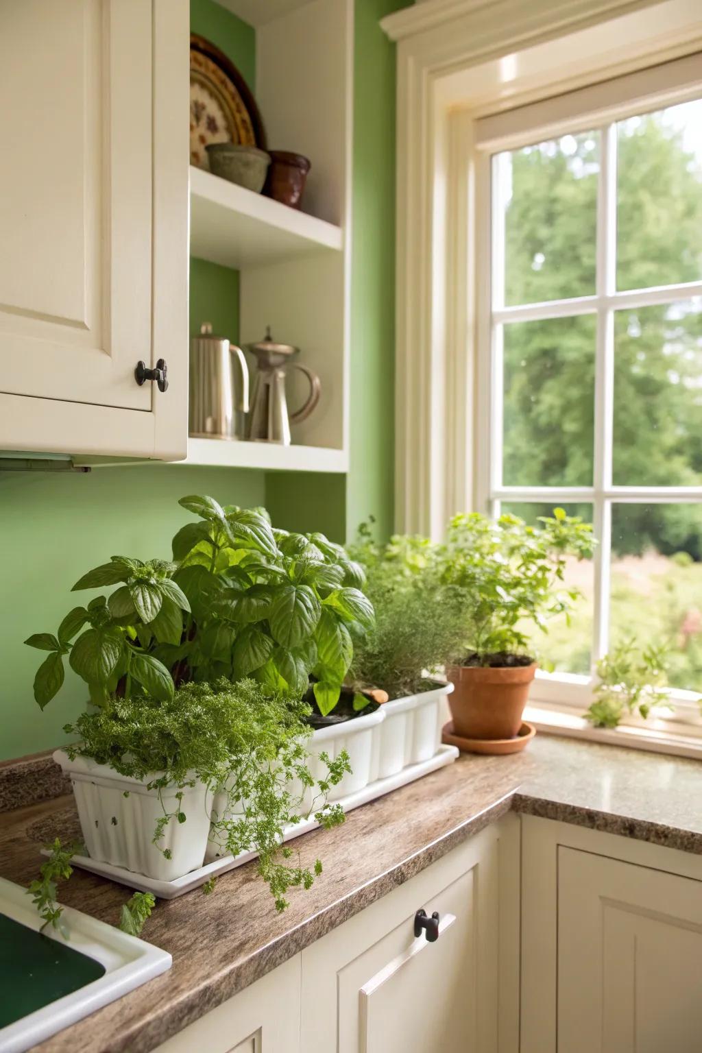 A fresh and inviting kitchen featuring herb green walls.