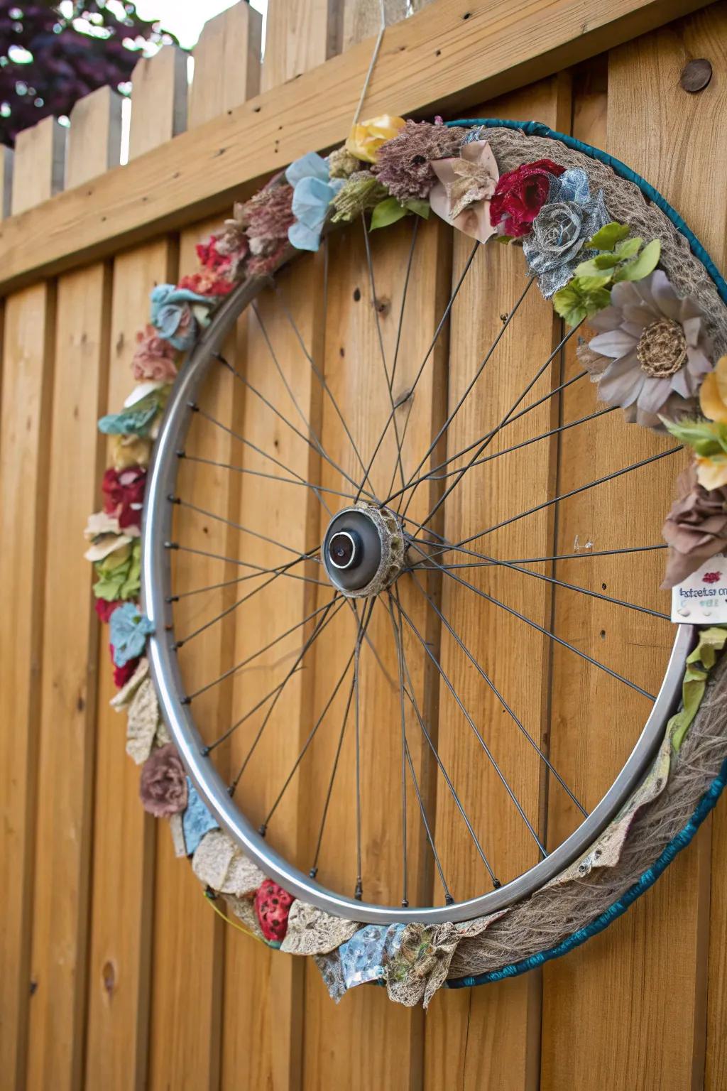 An upcycled bike wheel decoration with recycled materials for eco-friendly elegance.
