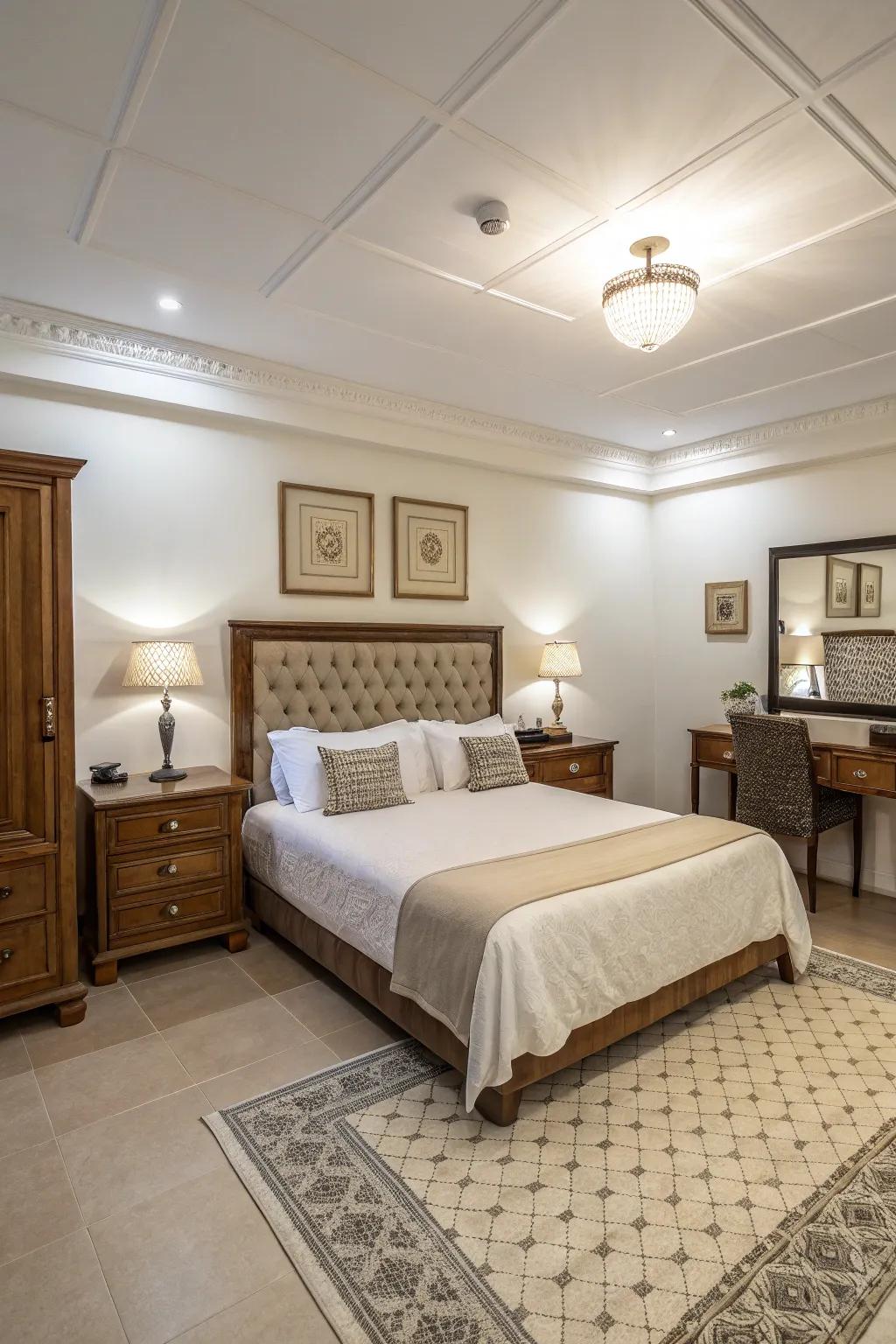 A spacious bedroom with symmetrical furniture arrangement for a balanced appearance.