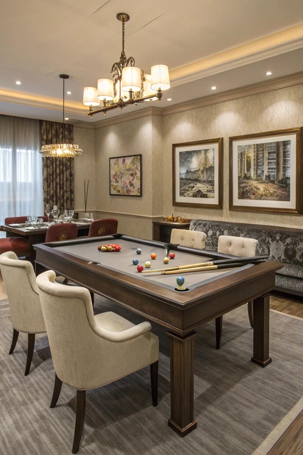 A convertible pool table adding functionality to a billiard room.