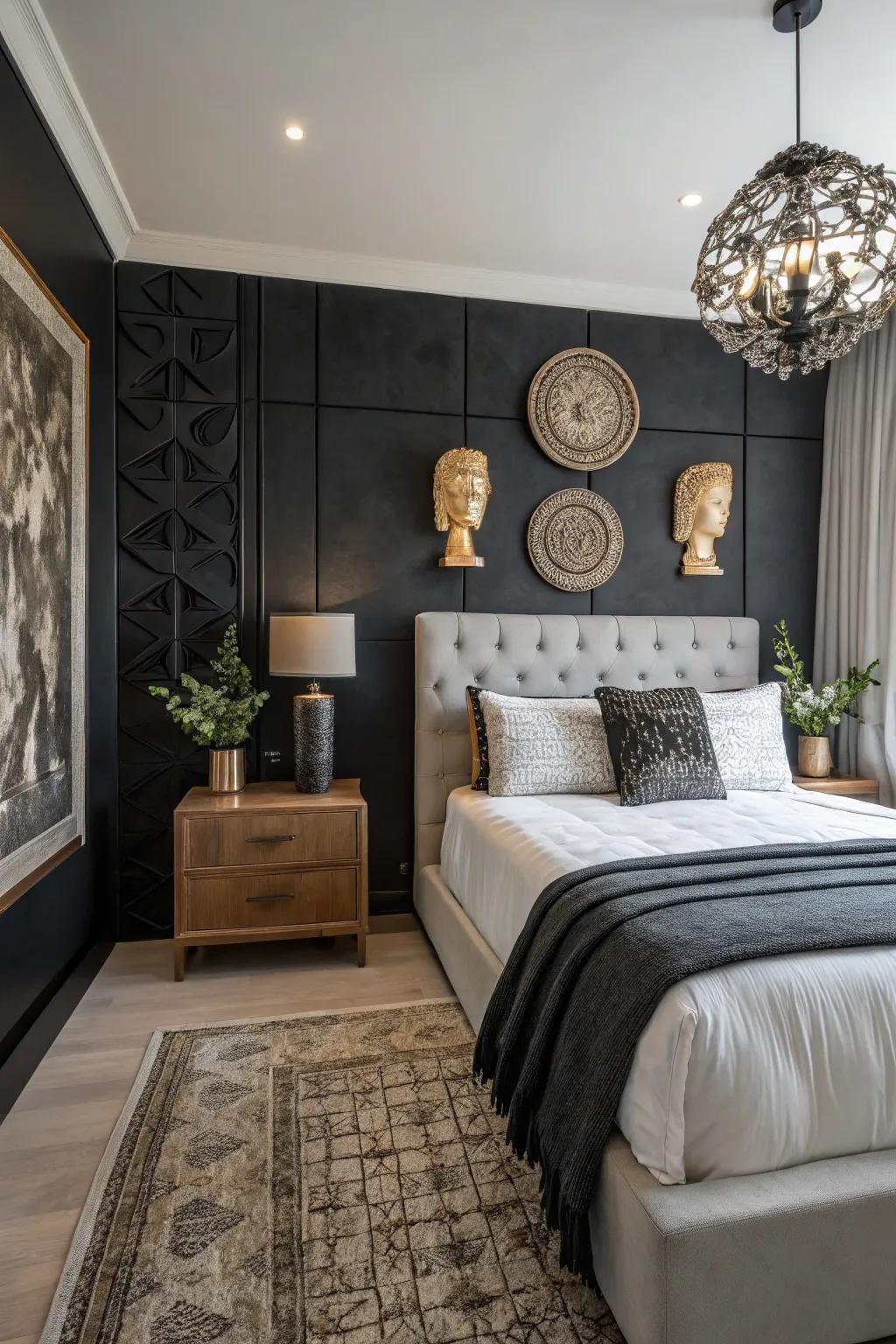 Carved décor renders an artistic statement against a black statement wall.