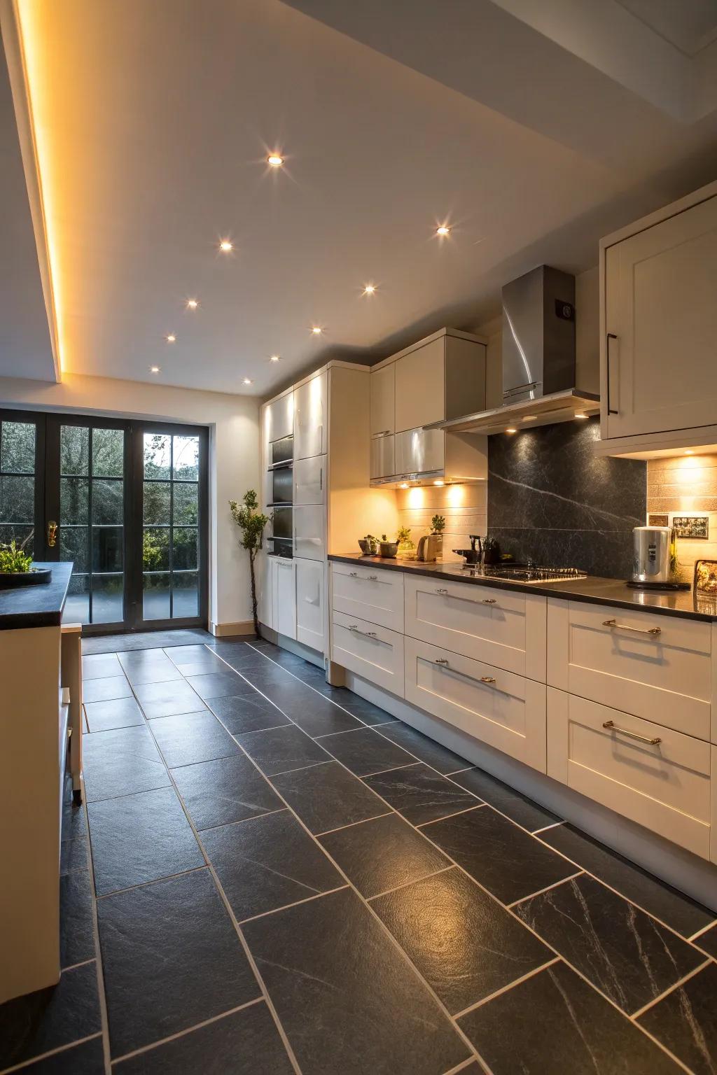 An elegant cooking area featuring dull ebony floor components for a soft aesthetic.