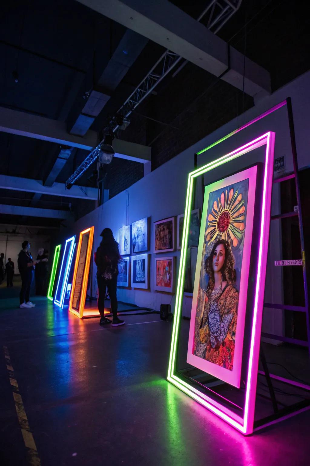 Fluorescent frames transform art into glowing masterpieces.