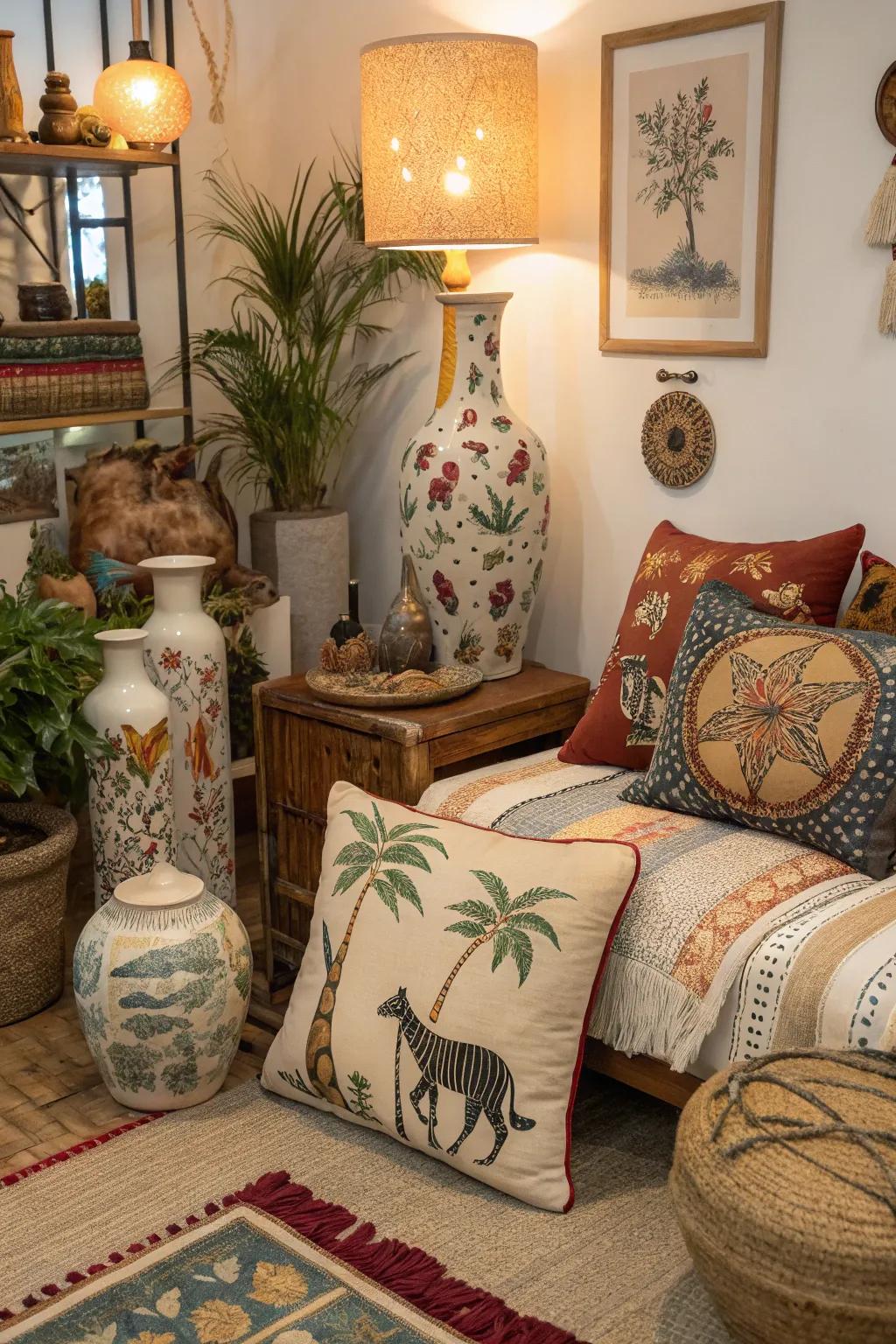 Animal motifs bring a whimsical touch to bohemian design.