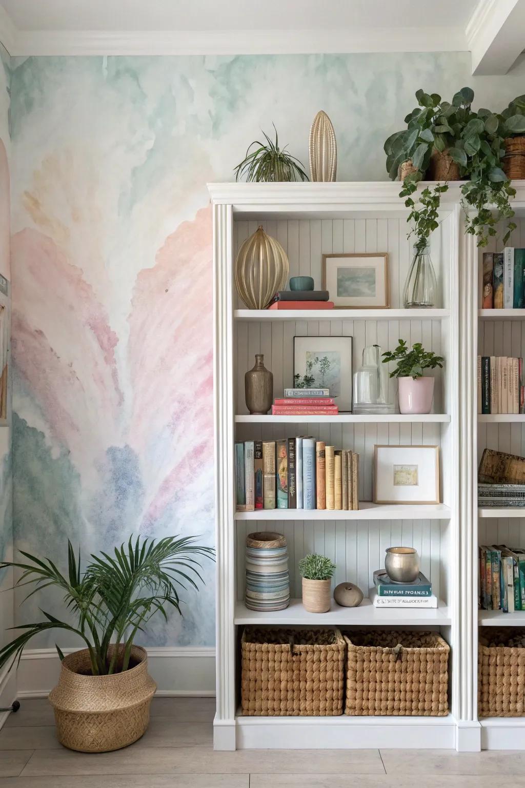 A bookshelf featuring water-color wash wallpaper, exuding a delicate, artistic nuance.