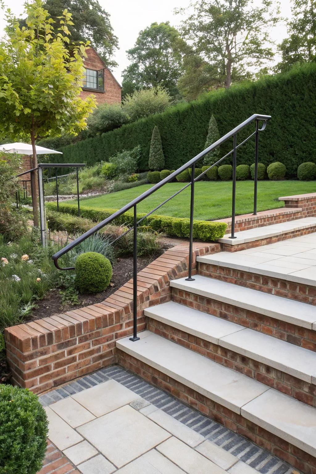 Brick steps with a minimalist metal accent.