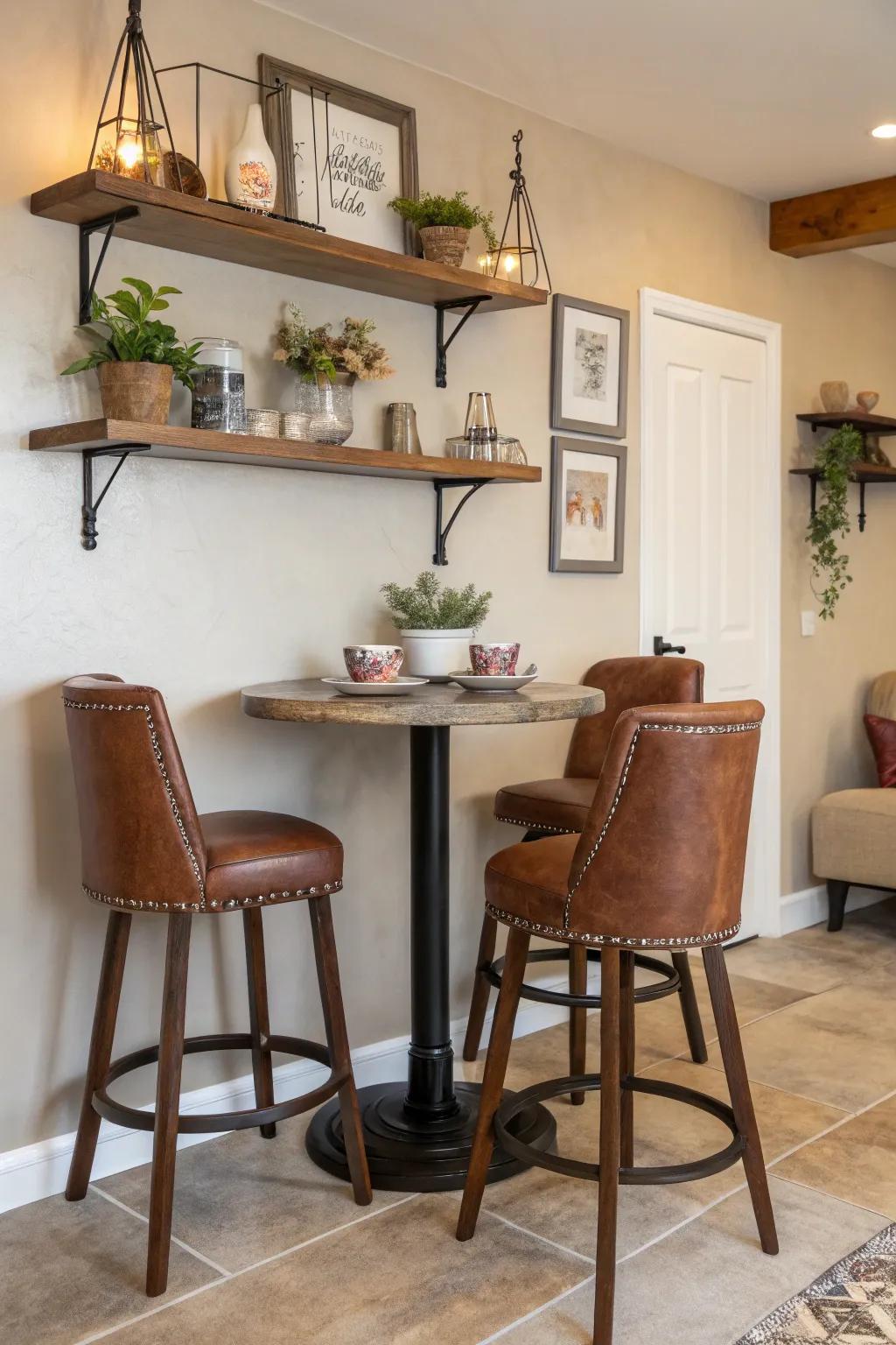 Brown seating fashions a warm and welcoming kitchen alcove.