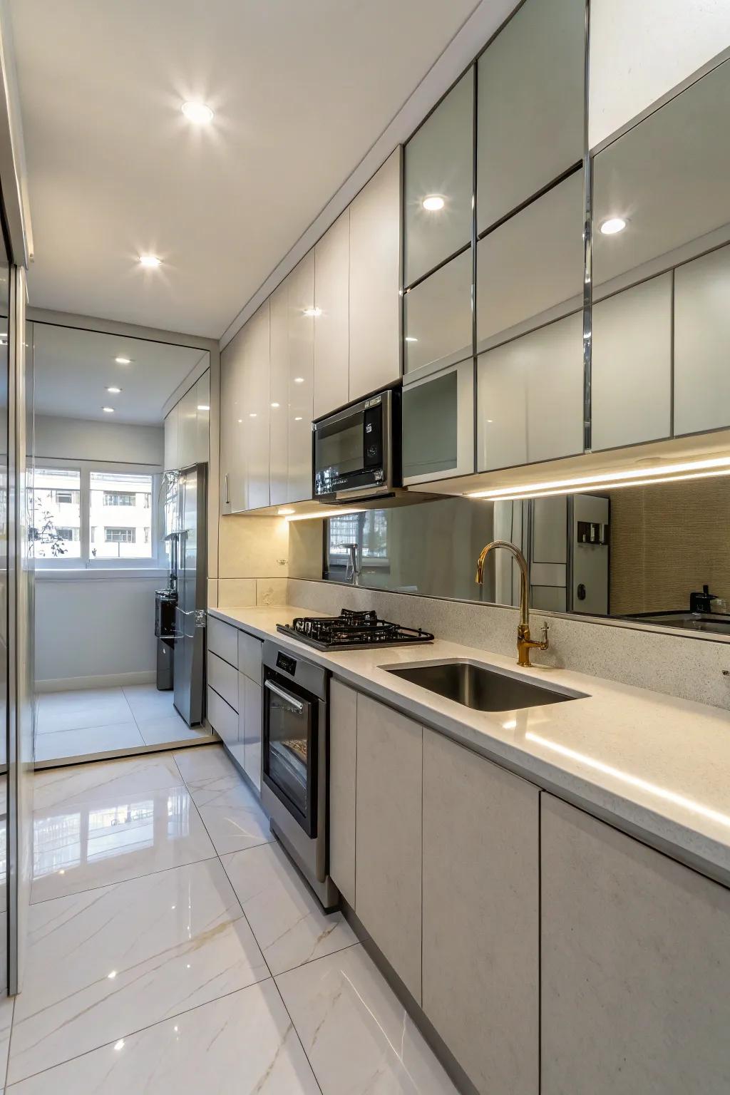 Reflecting surfaces design a bright and spacious feel in this kitchen.
