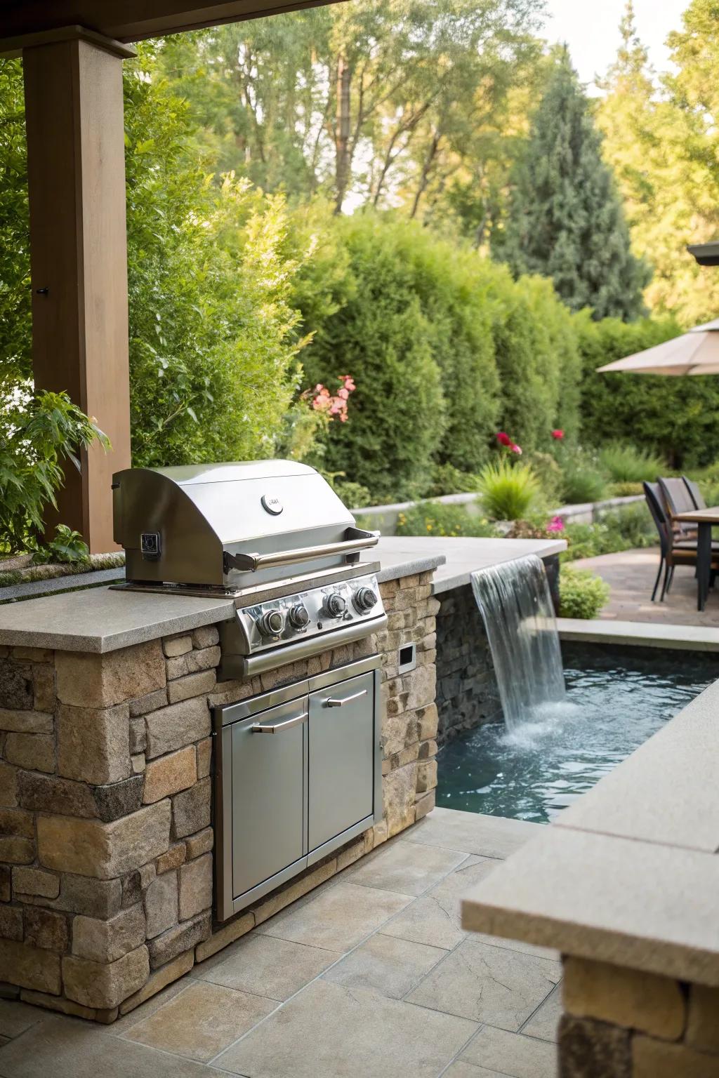 A water feature adds tranquility to your BBQ experience.