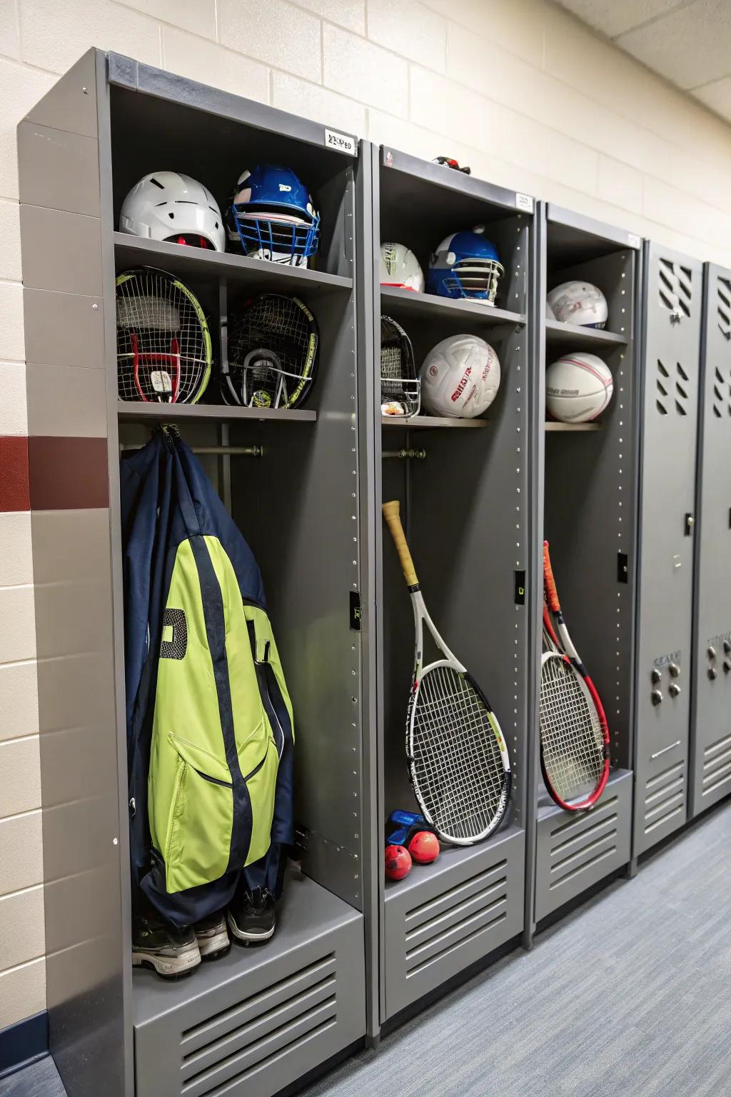 Sporting goods arranged in a space.