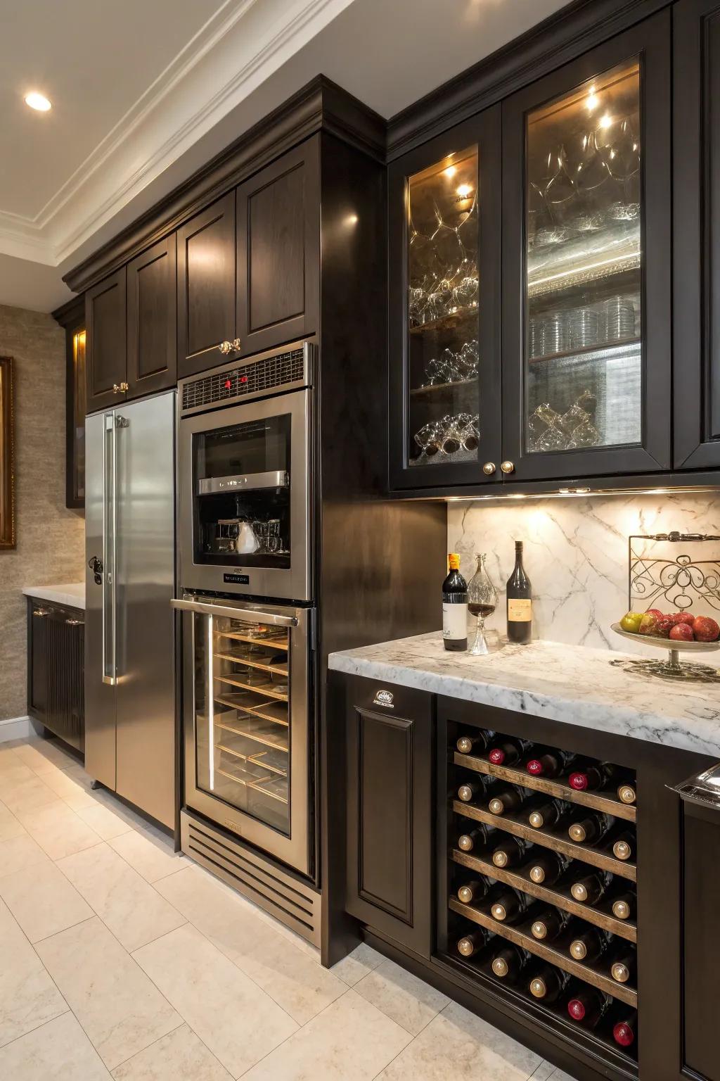 Luxury kitchen design featuring the microwave stacked above a wine cooler.