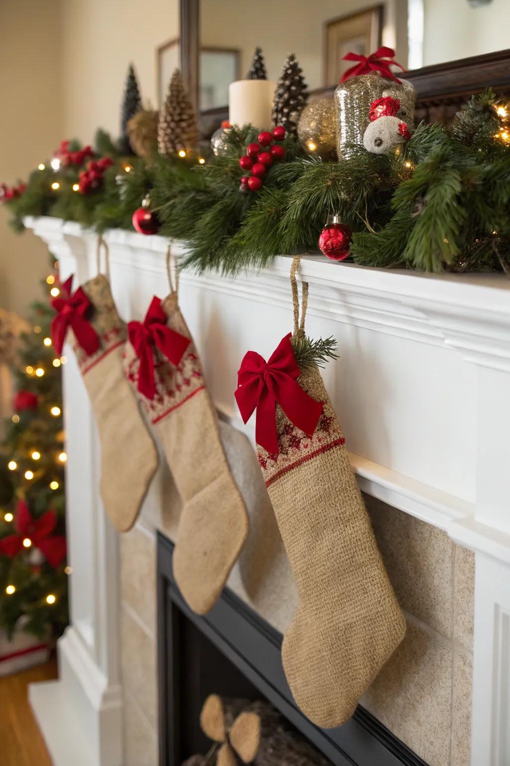Hessian brings a rustic charm to holiday mantels.