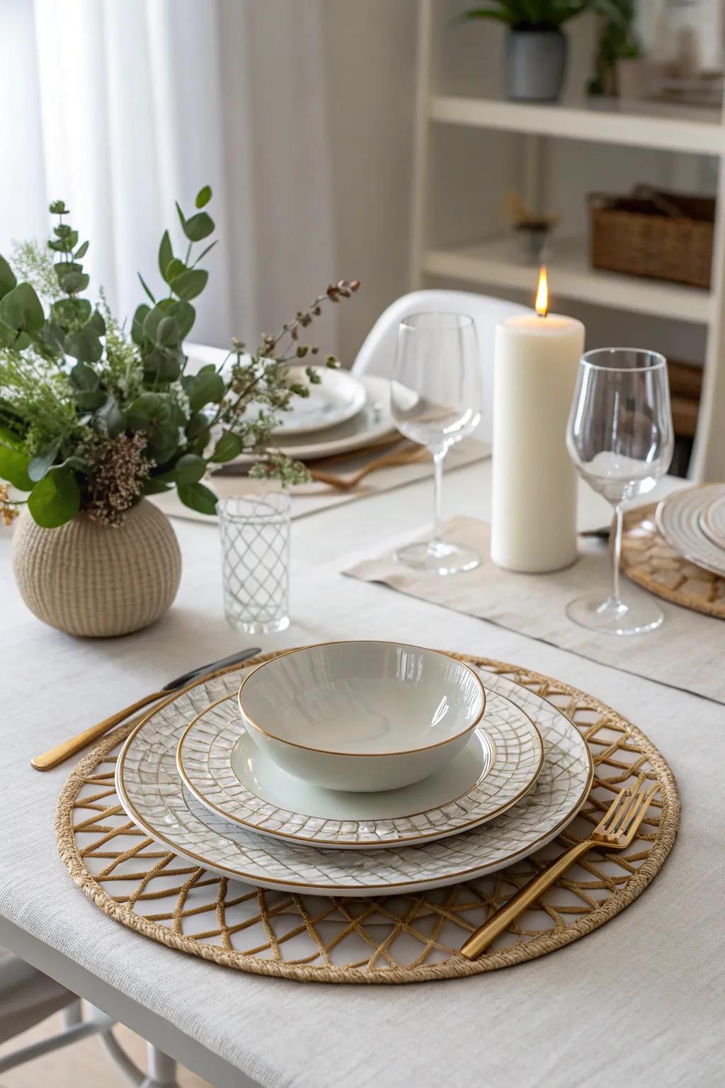 Minimalist elegance showcasing a clay plate centerpiece foundation.