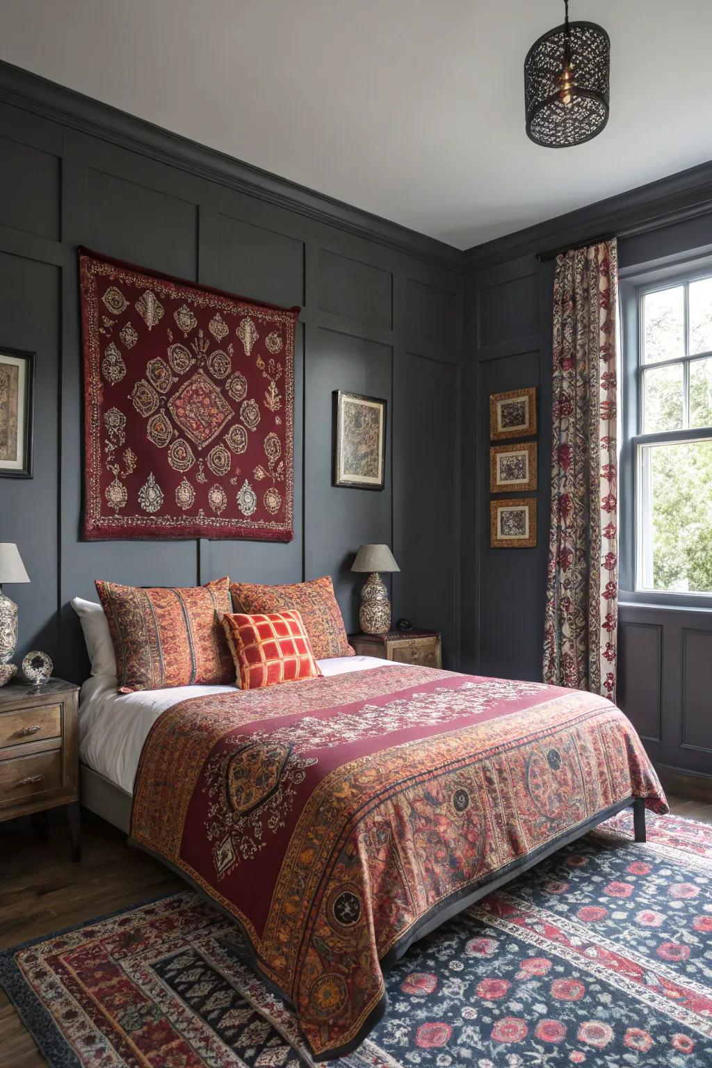 Bold designs enrich an ash-themed bedroom.