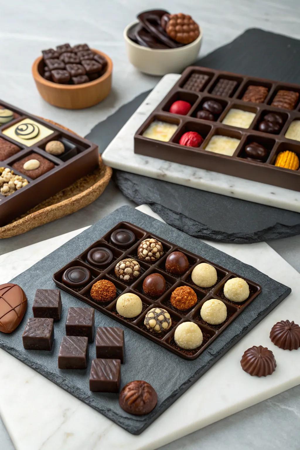 Elegant serving trays showcasing an array of chocolates.