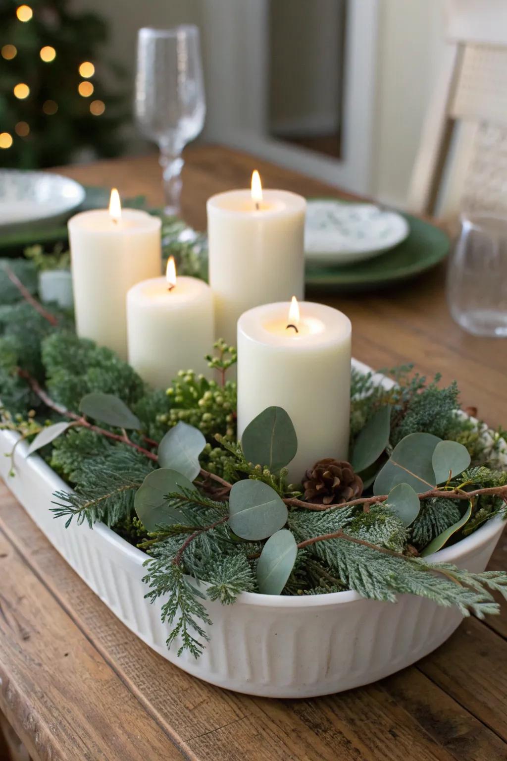 A minimalist ivory delight centerpiece offers serene holiday elegance.
