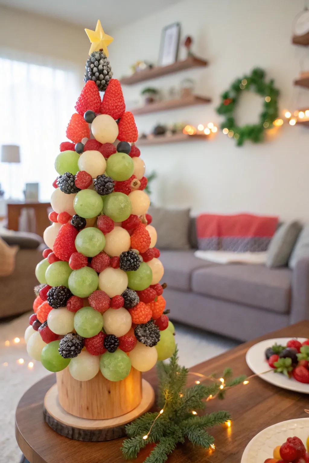 Edible melon and berry ornaments for a festive touch.