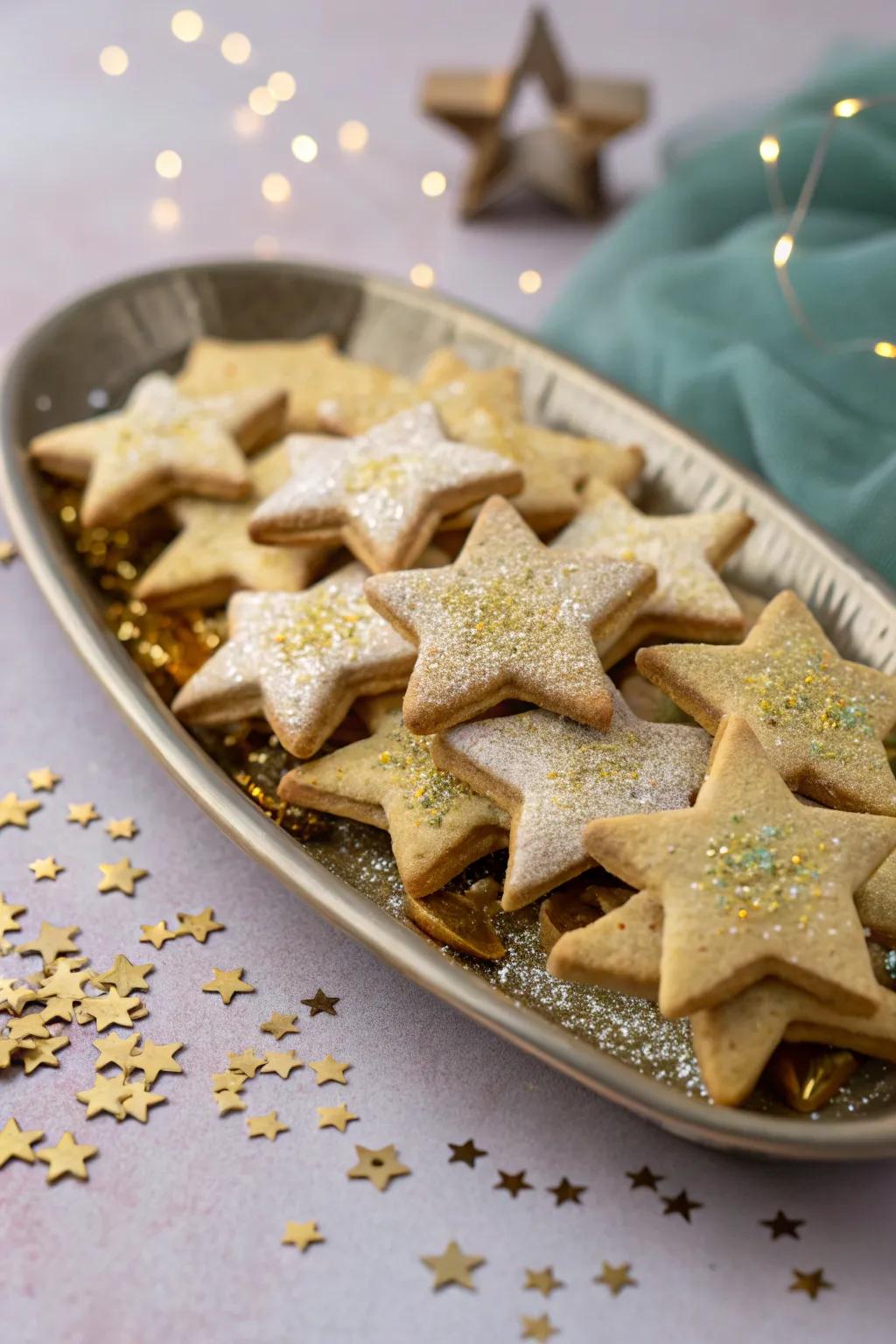 Celestial-themed dish with starry cookies.