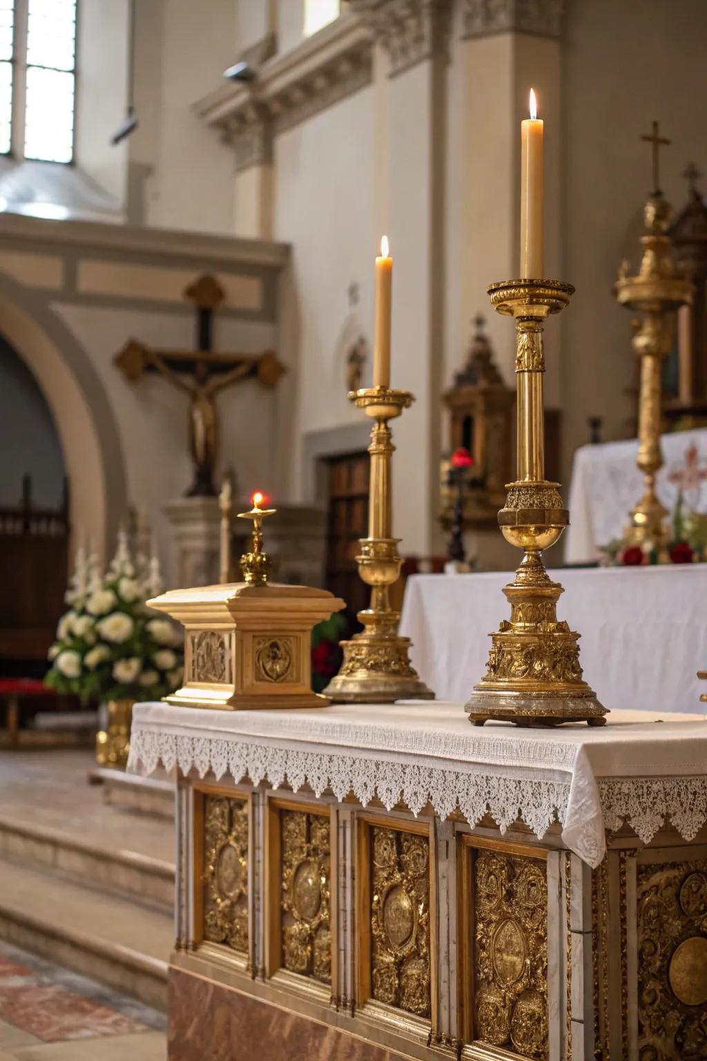 An altar featuring metallic accents, adding a hint of opulence and elegance.