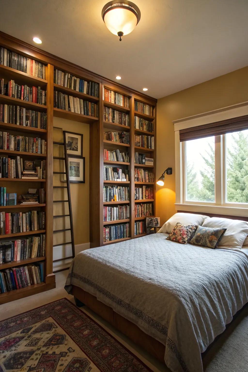 Making use of vertical space introduces organization and flair to the bedroom.