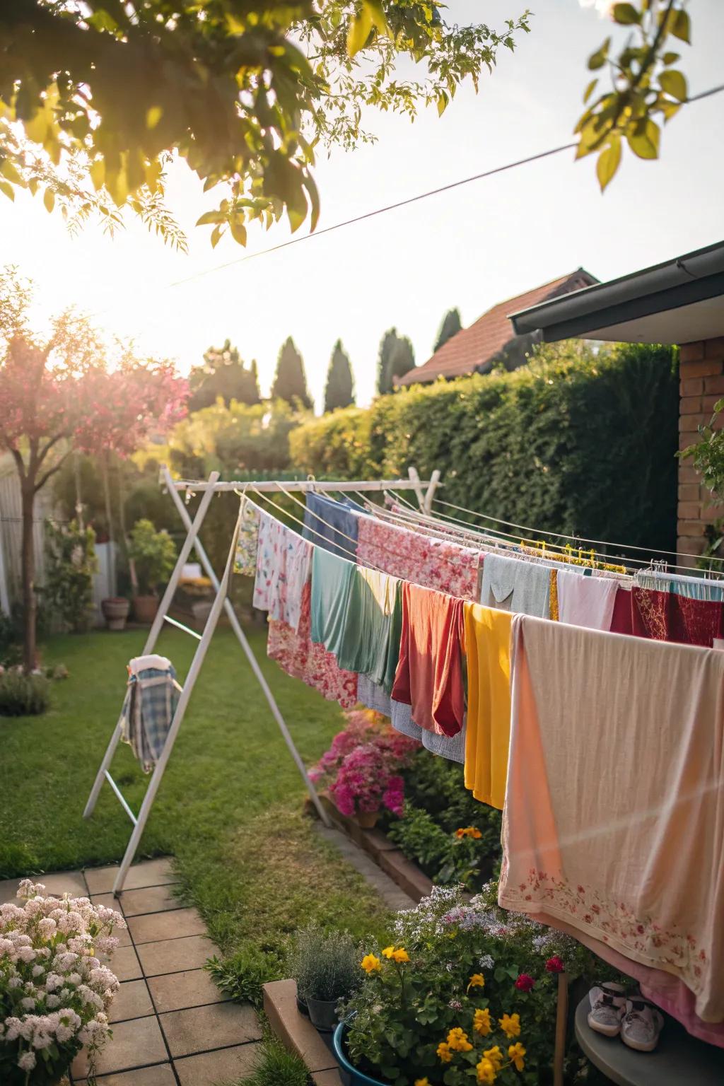 A multi-level clothesline provides plenty of drying area.