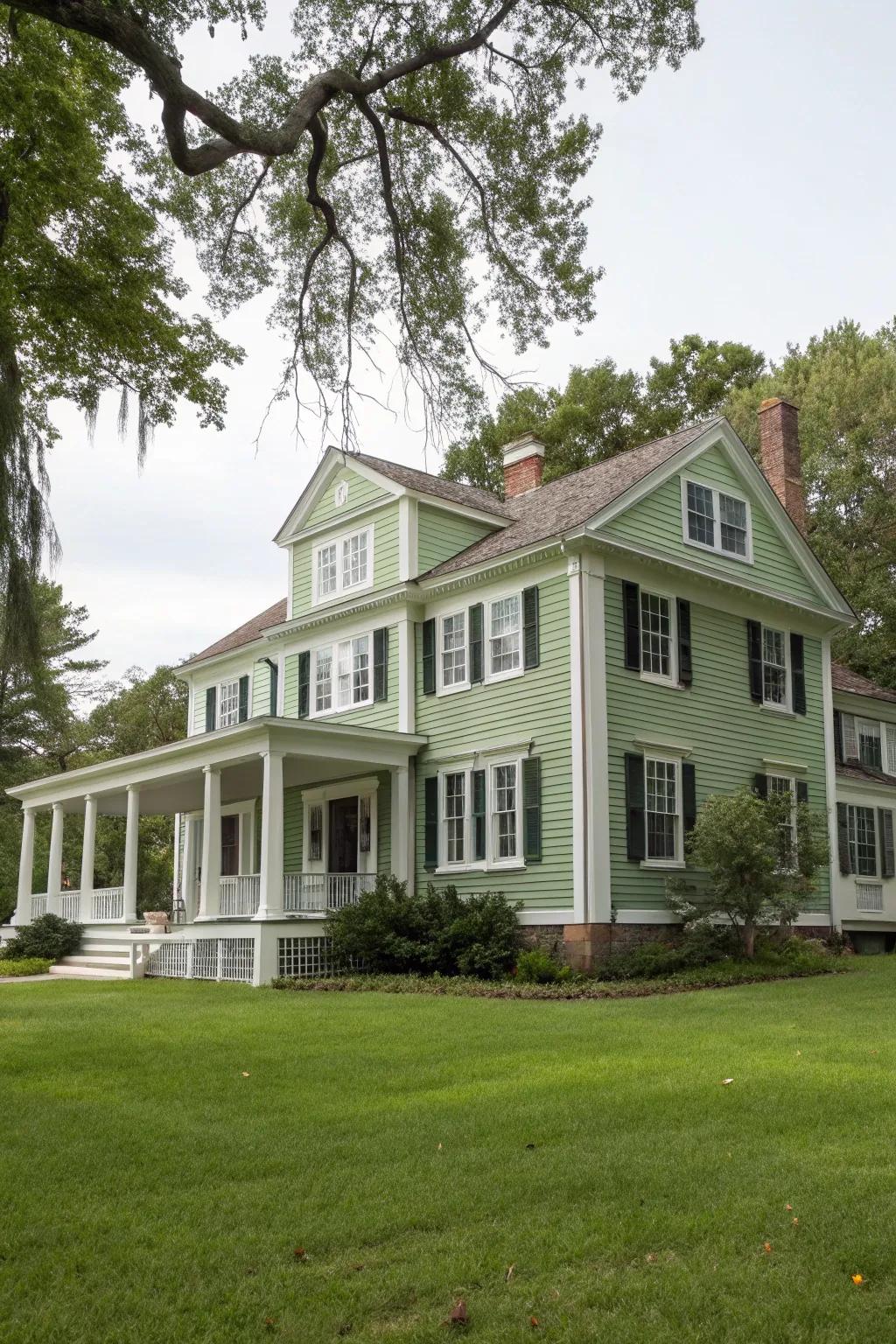 Colonial home with verdant-grey siding and alabaster trim.