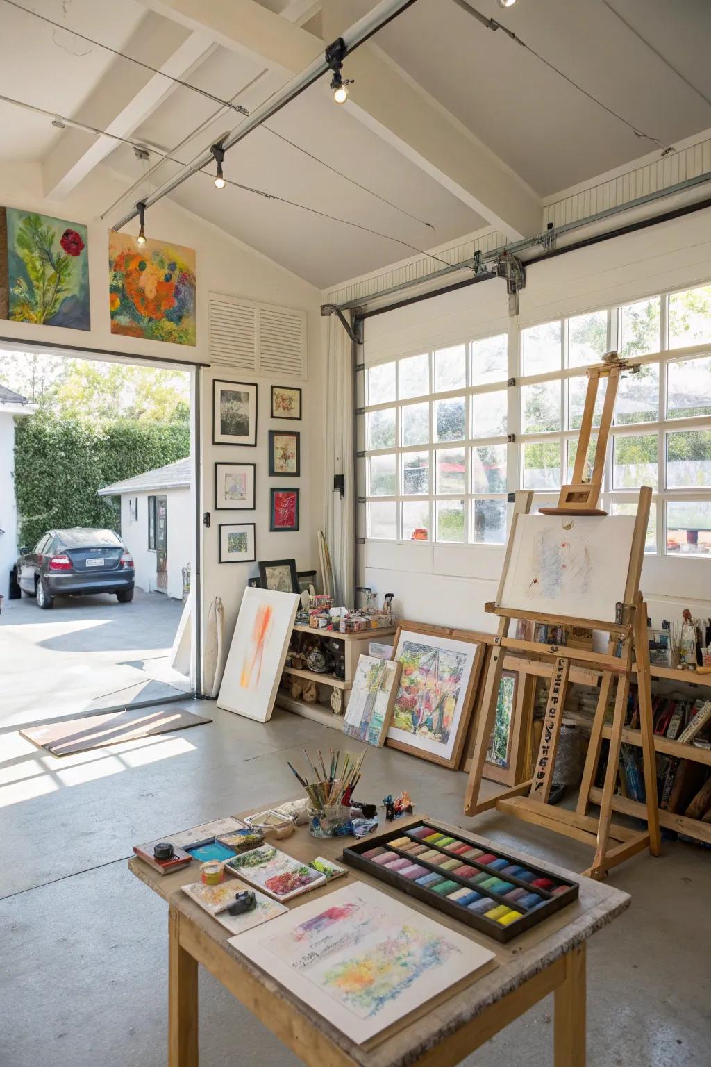 An artistic studio in the garage fosters creativity and personal expression.