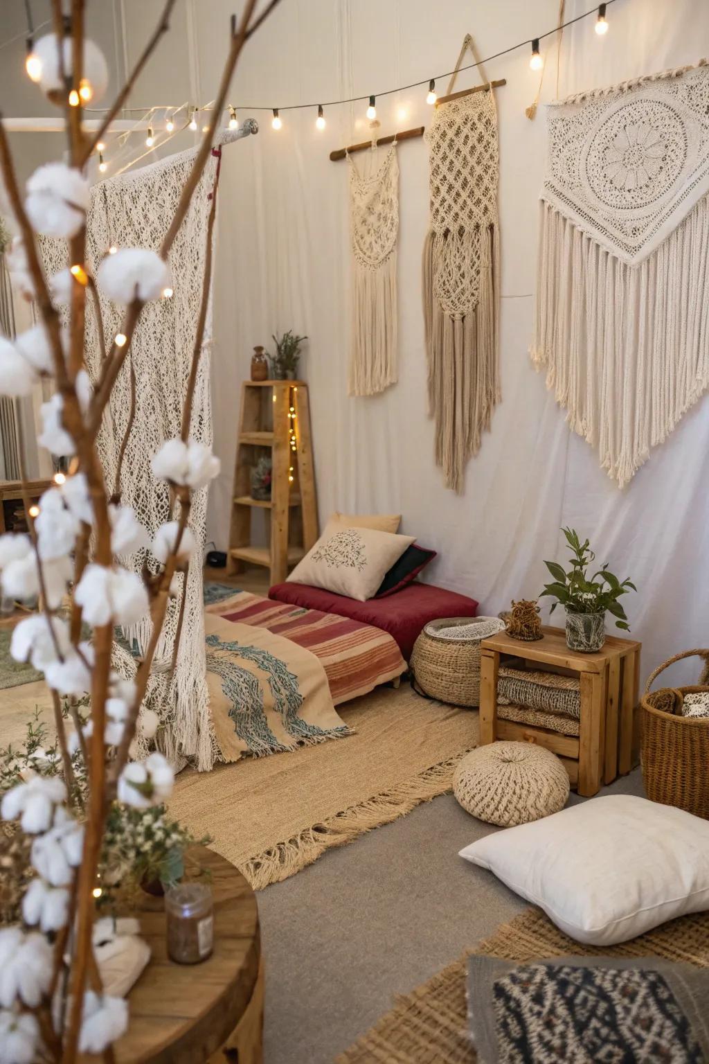 Bohemian joy with macrame and cotton sprigs.