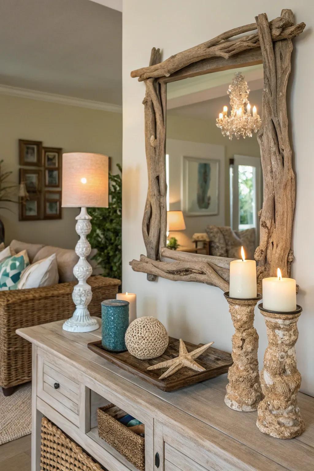 Driftwood decorations combine countryside appeal with coastal refinement.