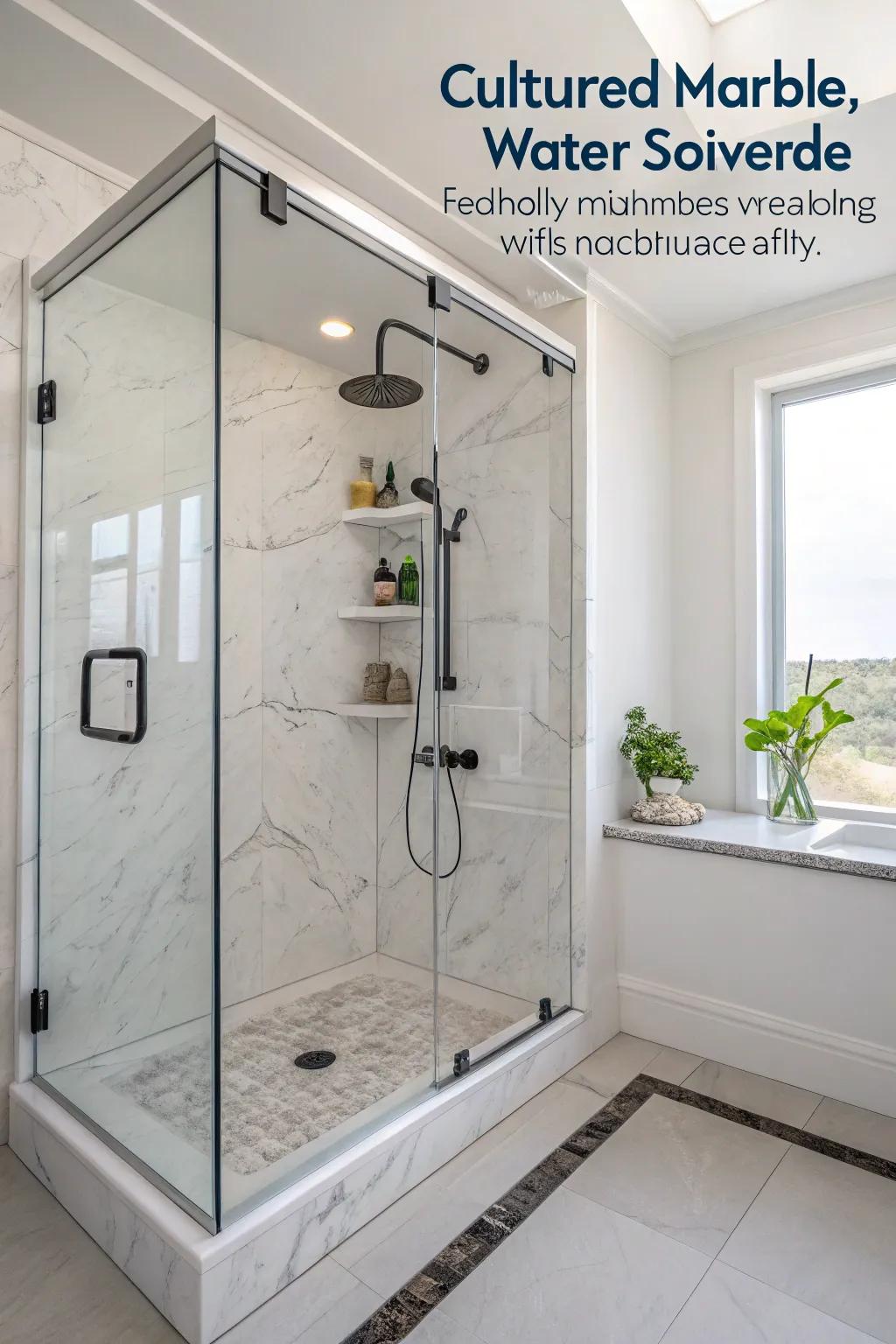 Eco-conscious elements complement the elegance and sustainability of refined marble alternative showers.