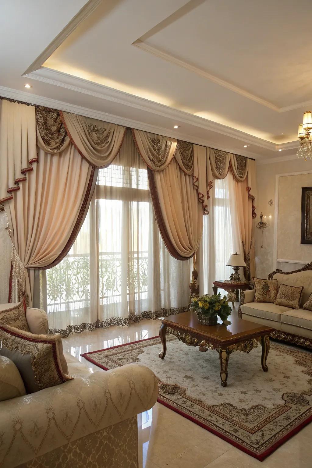 Opulent living room drapes with silk ribbon decorations.