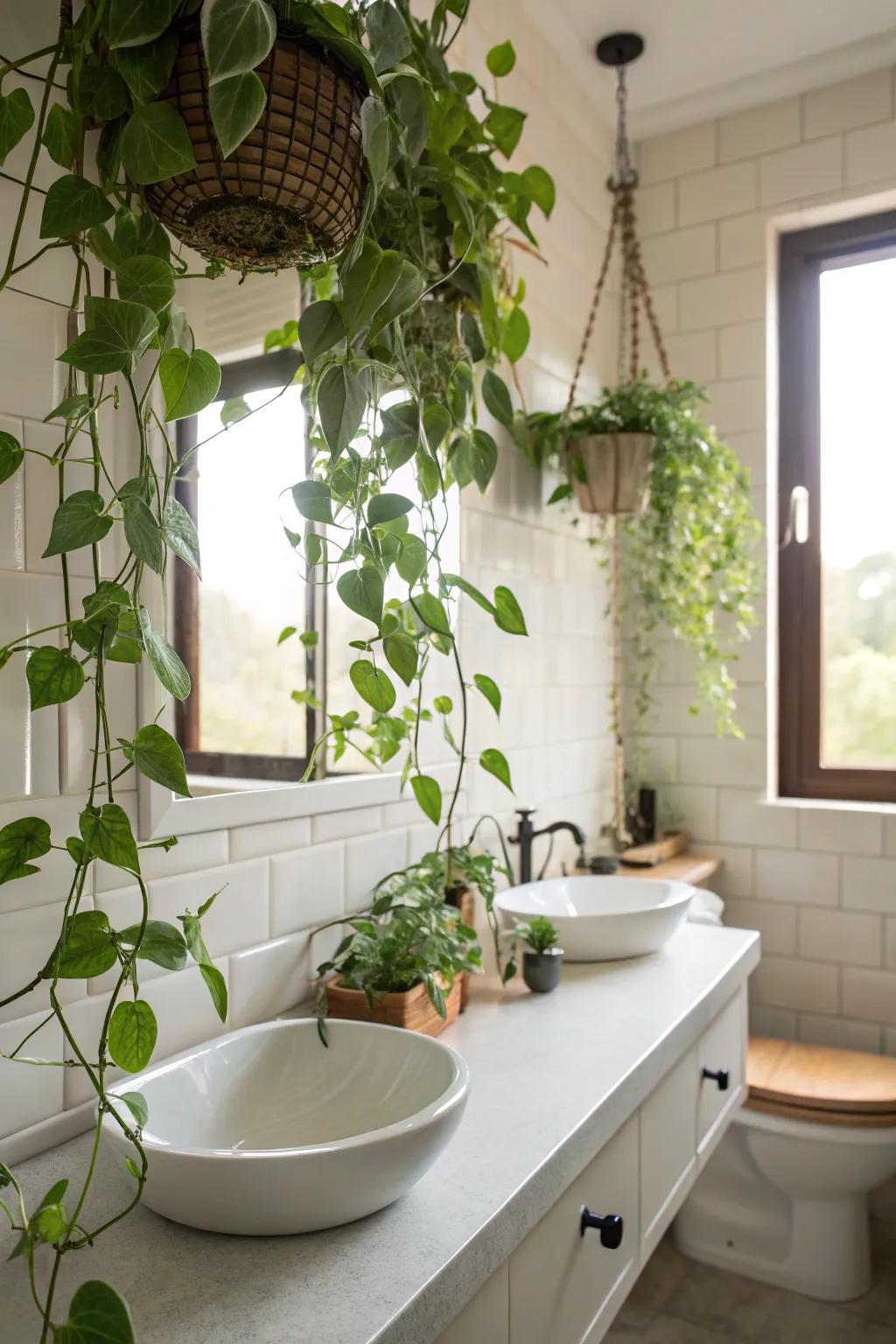 Hanging plants enhance your restroom with natural appeal and a refreshing element.