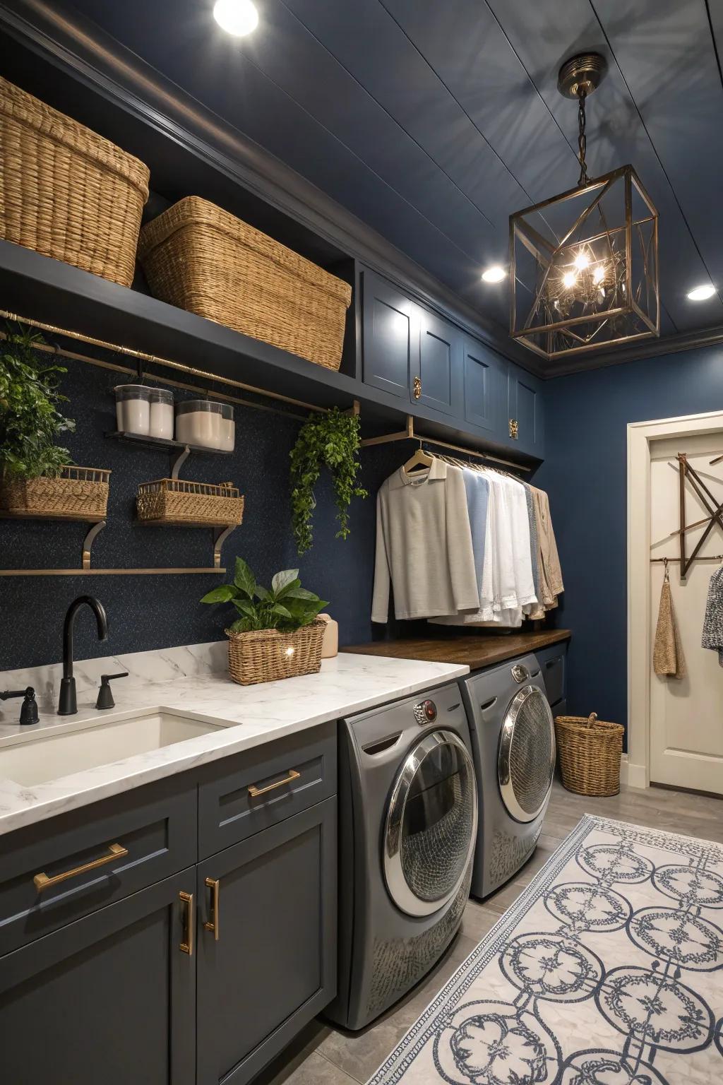 Unexpected elegance in a functional space featuring a navy overhead.