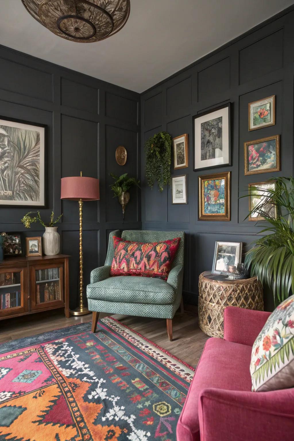 Eclectic decor creating a unique and personalized charcoal room.