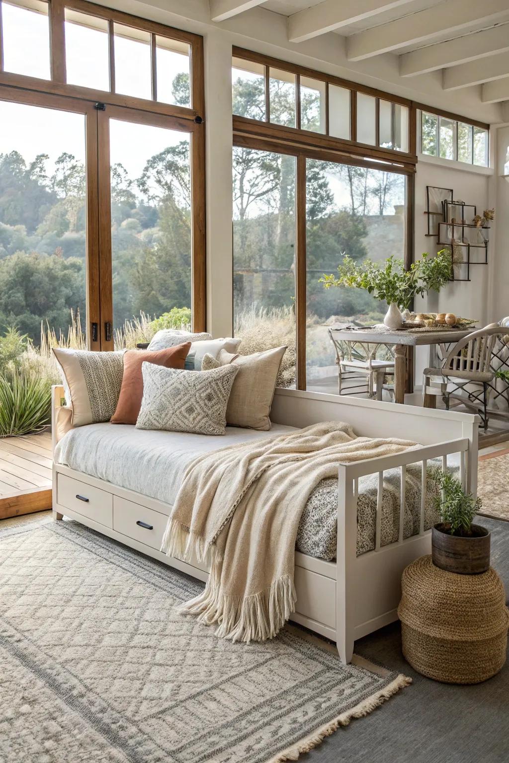 A multi-functional area incorporating a daybed meticulously calibrated to serve concurrently across diversified applications.