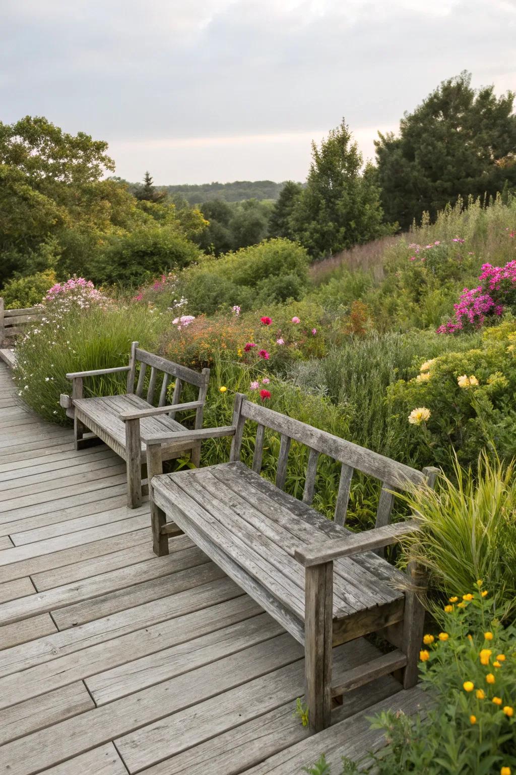 Reclaimed timber benches offer an eco-friendly and stylish choice.
