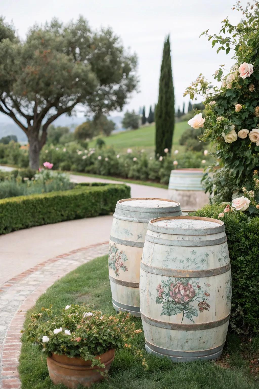Barrels painted with subtle, elegant designs