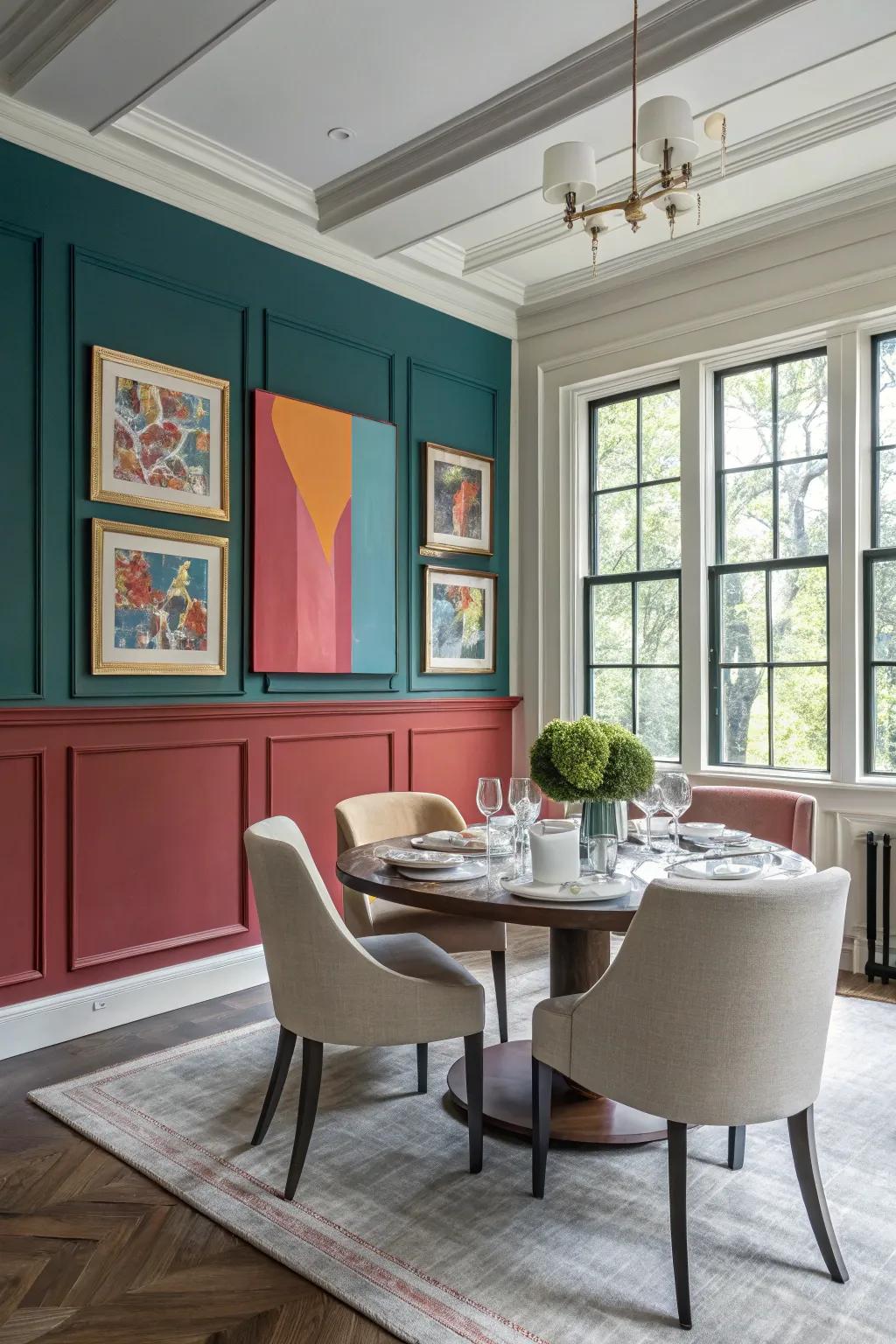 Bold shade block wainscoting makes a striking statement within the dining zone.