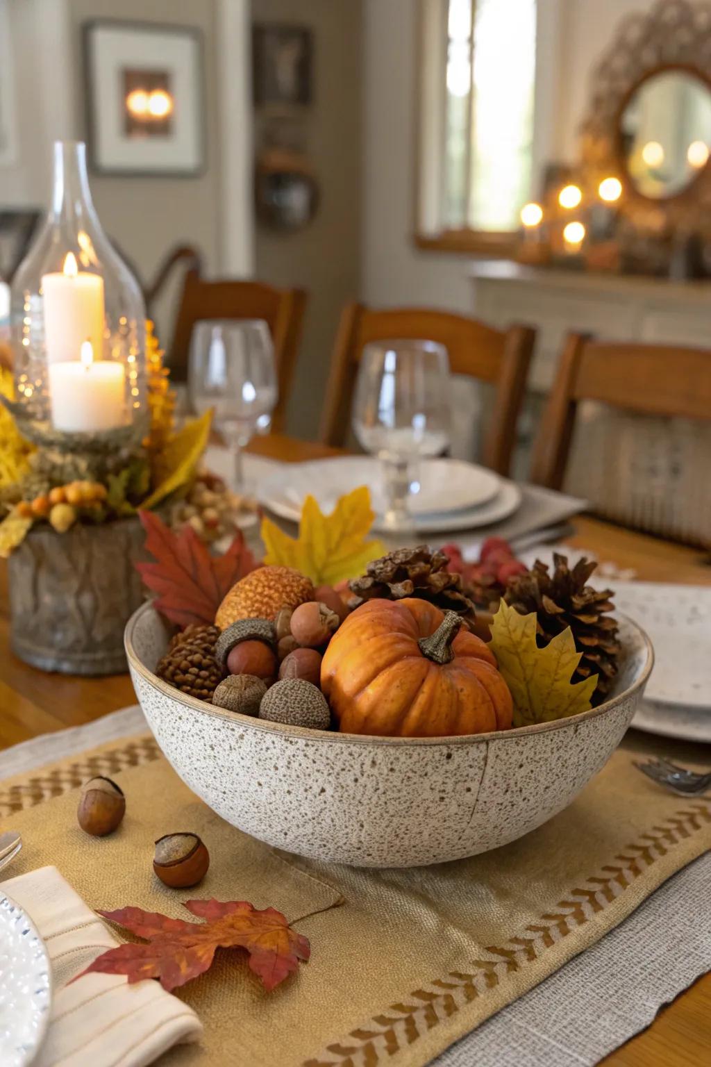A dining table featuring a textured bowl as a showpiece.
