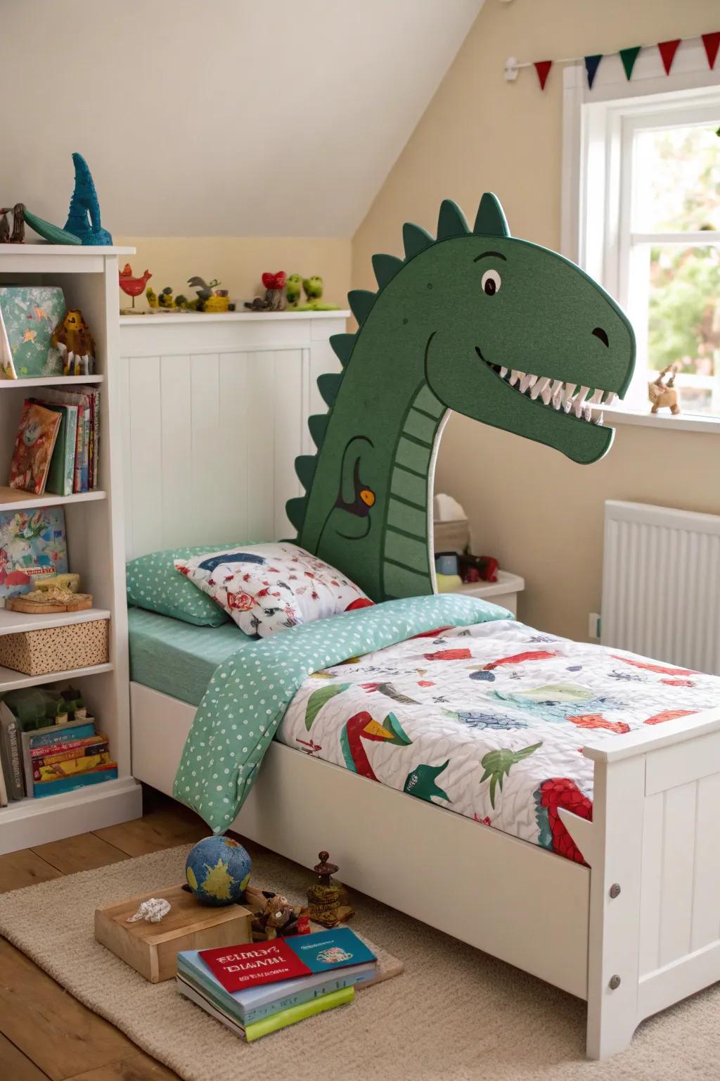 A custom dino headboard that brings a dramatic touch to the room.