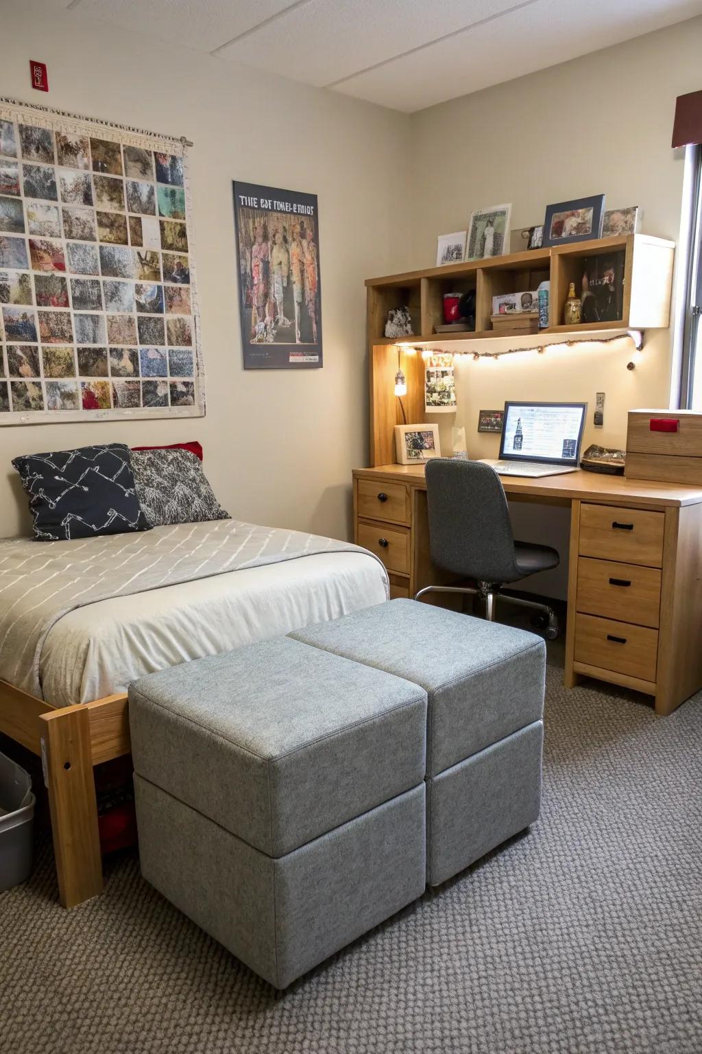 Dorm room furniture that combines style and functionality and is multipurpose.