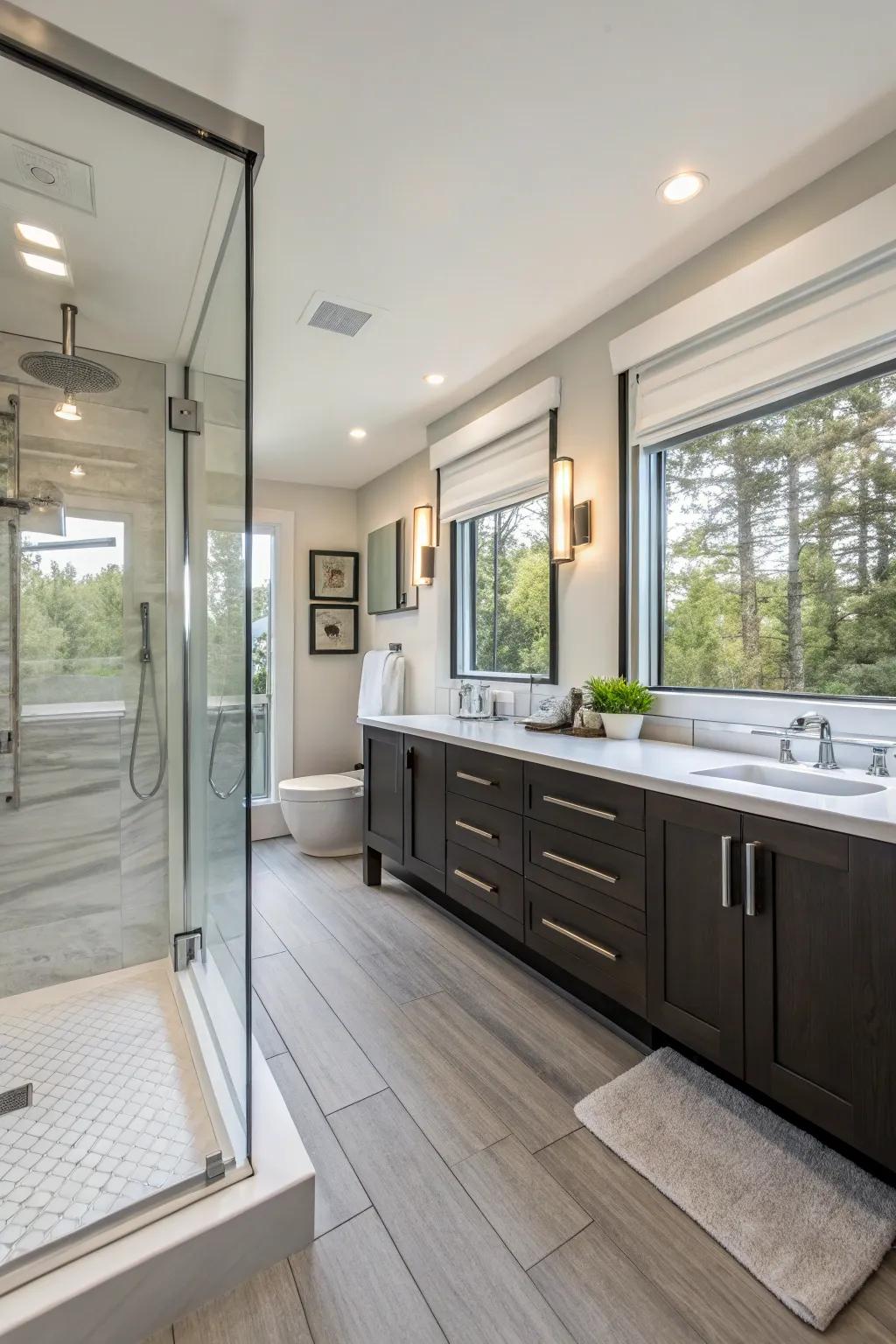 Contemporary fixtures can transmute your ablution into a spa esque expanse.