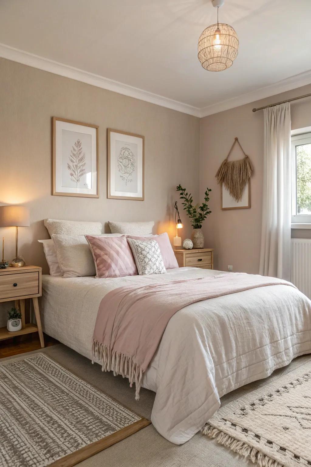 A bedroom featuring soft, neutral color palettes fostering serenity.