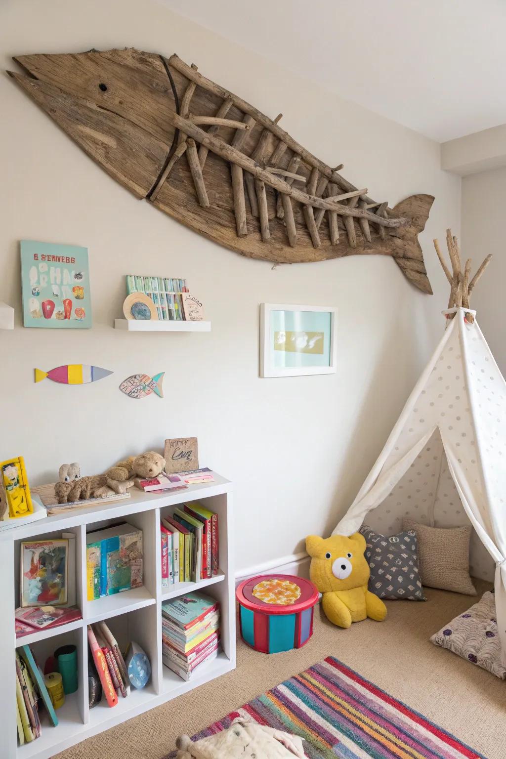 Timber fish art introduces a touch of whimsy to your decor.