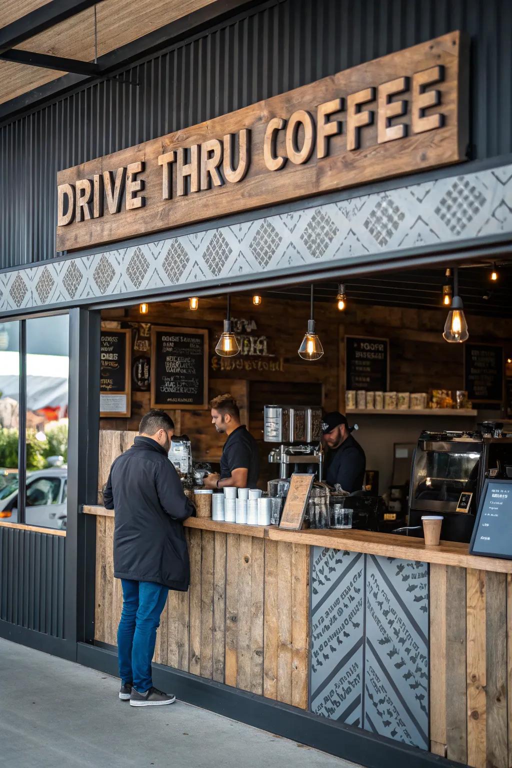 Drive-thru coffee shop with rich textures for a dynamic appearance.