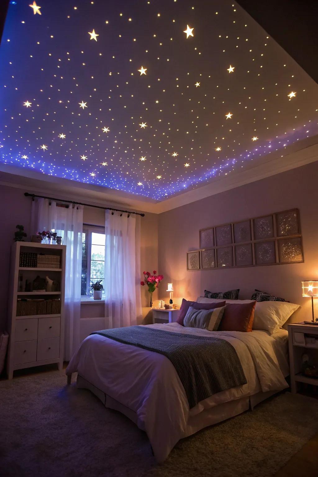 A starry night ceiling conjures a dreamy setting in this boudoir.