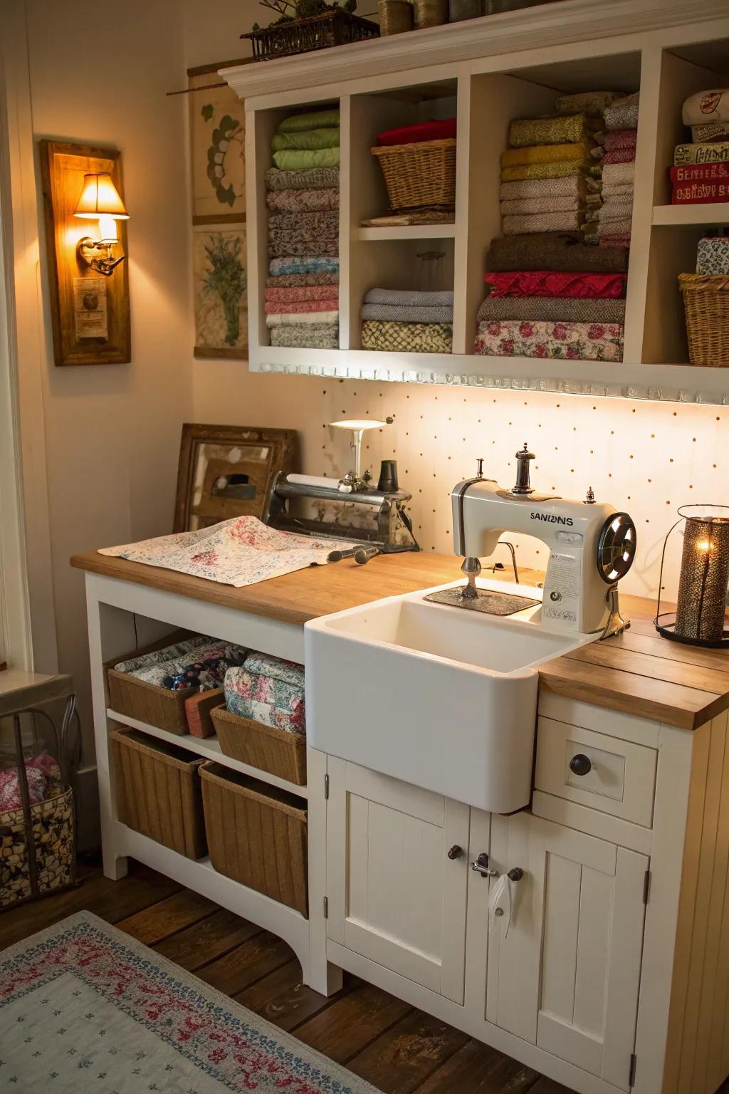 A stitching place created from a practical cabinet sink.